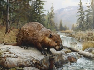A brown beaver is sitting on a log in a pond. The scene is peaceful and serene, with the beaver being the main focus of the image