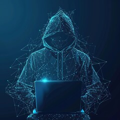 Abstract polygonal hacker with laptop on technology dark background. Cyber attack and cyber...