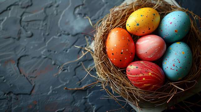 Happy Easter day decoration colorful eggs in nest on paper background with copy space.