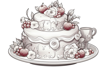 A PNG, transparent background detailed sketch of a tiered cake adorned with cherries and berries on a serving plate, accompanied by a teacup. The drawing could illustrate a section in a culinary