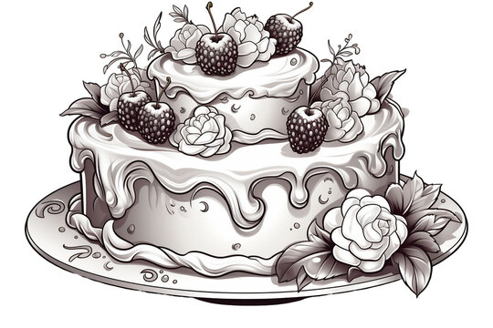 The illustration of a cake lavishly decorated with blackberries and flowers is perfect for a section on advanced cake decorating in culinary textbooks, PNG, transparent background.