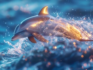 A dolphin is swimming in the ocean with a golden tail