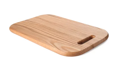 Gordijnen One wooden cutting board on white background © New Africa