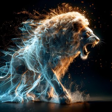 A lion with a fiery mane and a mouth open wide