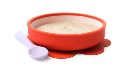 Tasty baby food in bowl and spoon isolated on white