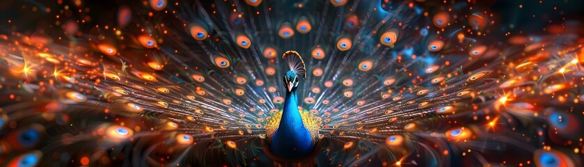 A colorful peacock with its head held high and its tail spread out - obrazy, fototapety, plakaty