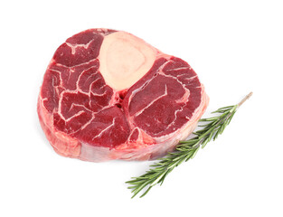 Piece of raw beef meat and rosemary isolated on white