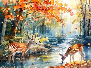 A serene forest scene, deer drinking by a stream, and birds fluttering among autumn leaves, capturing the essence of peace and nature - watercolor, vivid colors  - obrazy, fototapety, plakaty
