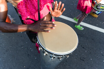 Members of a percussion group are seen playing during Fuzue, pre-carnival in the city of Salvador,...