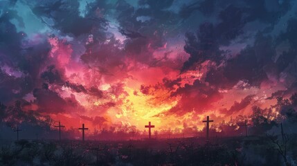 Sunrise Easter service, with pastel skies and silhouettes of crosses, a serene awakening