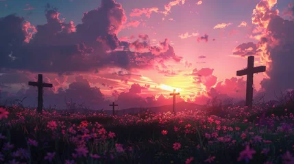 Gordijnen Sunrise Easter service, with pastel skies and silhouettes of crosses, a serene awakening © komgritch