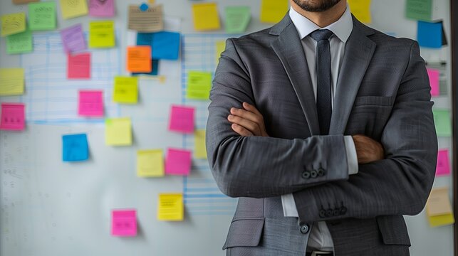 Businessman arm crossed in front of wall with sticky notes