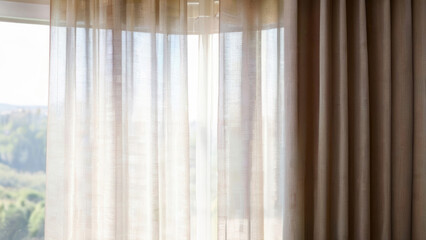 Elegant Beige Curtains Adorning Hotel Room Window. Luxurious Drapery Enhancing Interior Design of Accommodation. Soft, Neutral Tones Creating a Welcoming Atmosphere for Guests - obrazy, fototapety, plakaty