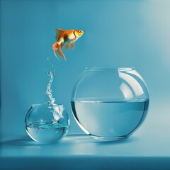 Goldfish jumping in a bigger bowl - aspiration and achievement concept.