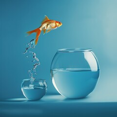Goldfish jumping in a bigger bowl - aspiration and achievement concept.