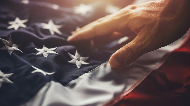 A hand reaching out to touch a flag, connecting personally with the meaning of Memorial Day, with copy space