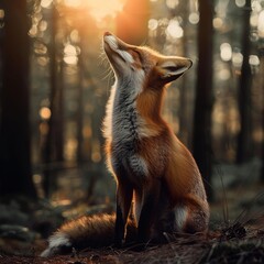 Portrait of red fox standing on forrest field sunset