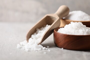 Fototapeta na wymiar Natural salt in bowls and scoop on grey table, closeup