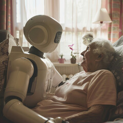 robot taking care of elderly, elderly home, concept of helping the elderly, 