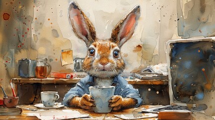 In the whimsical world of a watercolor cartoon a bunny takes a coffee break at the office - obrazy, fototapety, plakaty