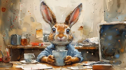 Foto op Plexiglas In the whimsical world of a watercolor cartoon a bunny takes a coffee break at the office © fangphotolia