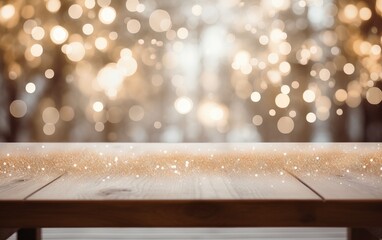 Empty wooden table with blurry golden lights in the background. Theme of Christmas and New Year's mood.