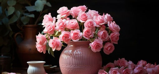 Gorgeous fresh pink roses stand in a pink large porcelain vase on the table.