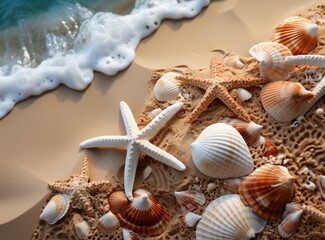 Fototapeta na wymiar Beautiful shells and starfish. Souvenirs from the ocean.