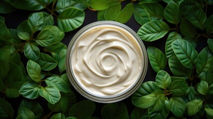 White cream in a round container on a background of green leaves. Close-up, top view. Theme of self-care and advertising of skin care products. - obrazy, fototapety, plakaty