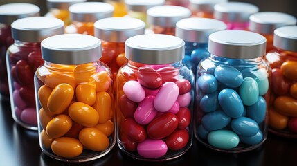 There are multi-colored pills in closed glass bottles on the table. Theme of medicine, treatment of various diseases and healthy lifestyle. - obrazy, fototapety, plakaty