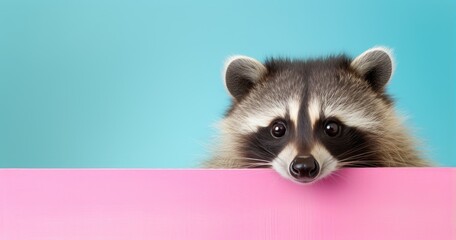 A curious raccoon peeks out from behind a low fence. Contrasting turquoise and pink colors.