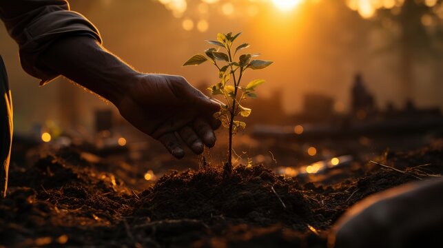 A male farmer plants a tree sprout in loose wet soil at sunset. Close-up of a hand. Theme of environmental protection and restoration.