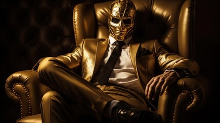 A confident man in an expensive fashionable suit and a gold mask sits in a stylish leather chair. Theme of secrets and riddles in business. - obrazy, fototapety, plakaty