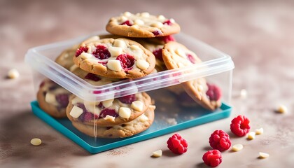 White chocolate chip with raspberry cookie and plastic box
