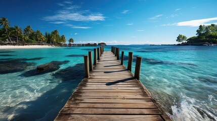 Wooden bridge going into the ocean. Charming tropical island with yellow beach, blue waves and...