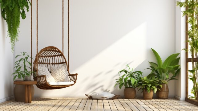 A Tranquil Moment Relaxing in a Stylish Modern Swinging Chair, Enjoying the Serene Greenery of an Indoor Oasis, a Perfect Fusion of Comfort, Style, and Natures Beauty.