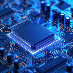Advanced Technology Concept Visualization: Circuit Board CPU Processor Microchip Starting Artificial Intelligence Digitalization of Neural Networking and Cloud Computing.