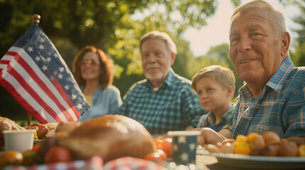 Veterans and their families enjoying a Memorial Day picnic, a scene of community and camaraderie, Memorial Day, with copy space
