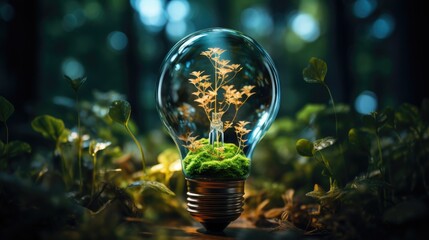 A transparent glass light bulb with a green plant inside stands in the middle of the forest. Theme of ecology and environmental protection.