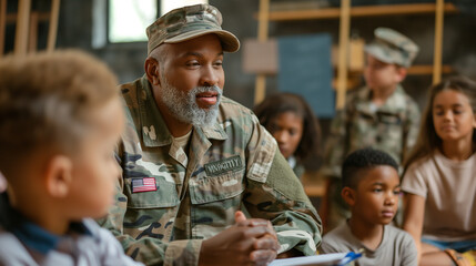 A veteran teaching children about the significance of Memorial Day, a moment of education and reflection, with copy space