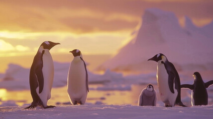 Obraz premium Glacier landscape at golden hour with penguins in the foreground.Perfect for wallpapers , backgrounds