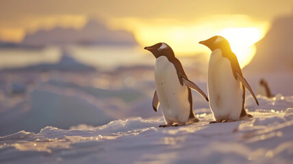 Glacier landscape at golden hour with penguins in the foreground.Perfect for wallpapers , backgrounds