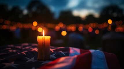 A solemn candlelight vigil held by veterans at dusk, remembering those who didn’t come home, Memorial Day, with copy space