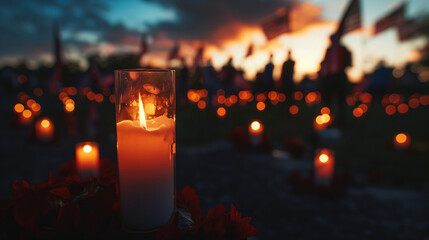 A solemn candlelight vigil held by veterans at dusk, remembering those who didn’t come home, Memorial Day, with copy space - obrazy, fototapety, plakaty