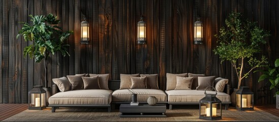 Beautiful patterned dark wood walls in an empty living room adorned with sofas, trees, and lanterns.
