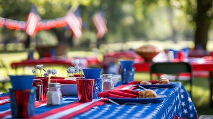 An outdoor breakfast for veterans, with tables decorated in red, white, and blue, celebrating camaraderie on Memorial Day, with copy space