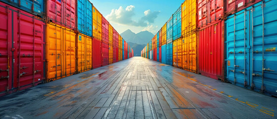 Shipping Hub, Colorful cargo containers, Global Trade - obrazy, fototapety, plakaty