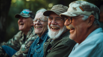 A moment of laughter among veterans sharing old war stories, finding joy amidst the solemnity of Memorial Day, with copy space - obrazy, fototapety, plakaty