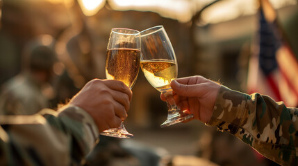 Veterans sharing a toast in honor of absent friends, a glass raised in remembrance on Memorial Day, with copy space