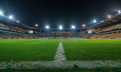 Night game at the stadium, bright lights illuminate the field, highlighting the action.